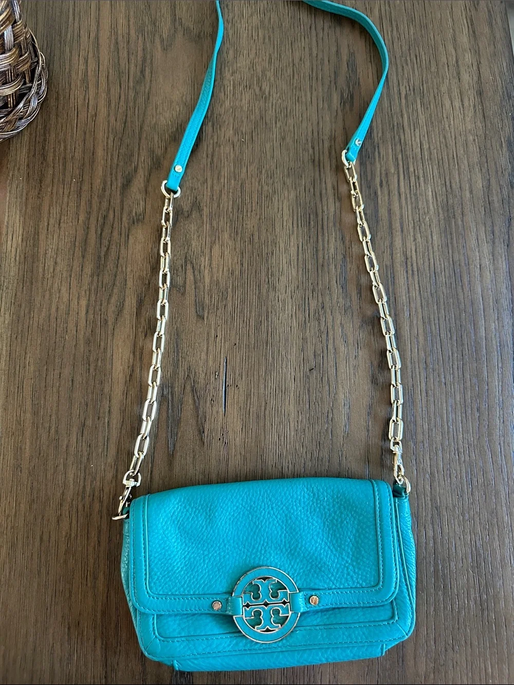 Tory Burch Turquoise Leather Crossbody with Gold Chain